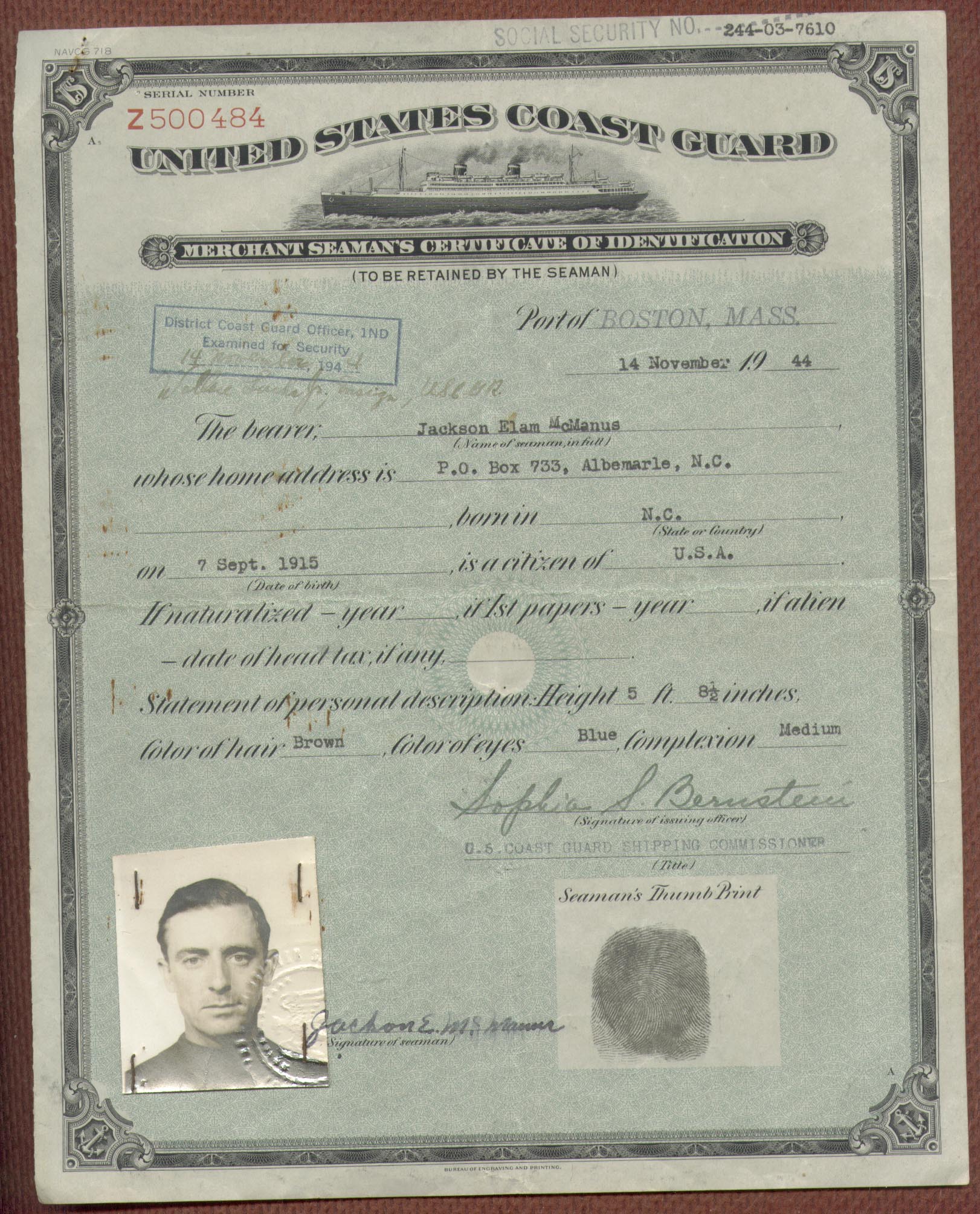 United States Coast Guard Merchant Seaman's Certificate of Identification