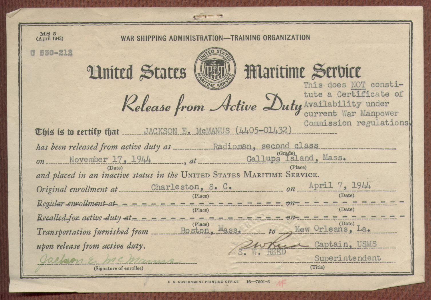 US Maritime Service Release From Active Duty